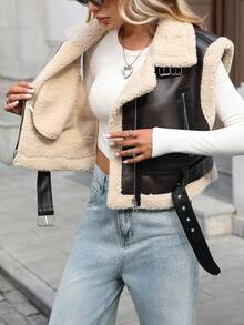 Chaleco sin mangas de mujer de piel sintética con forro térmico de borreguito Sherpa, con cremallera y bolsillos