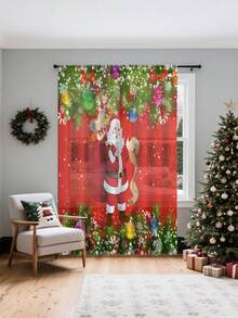 1pc Christmas Window Curtain With Santa Claus And Christmas Tree, 100% Polyester Material, Rod Pocket Style, Suitable For Living Room, Wardrobe, Kitchen, Bedroom, Study, Home Decor - Multicolor - View 4
