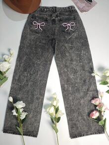 Women's Straight Leg Jeans, Butterfly Embroidery Design Back Pockets, Washed Denim Fabric, Back To School Season Pants Casual - Grey - View 4
