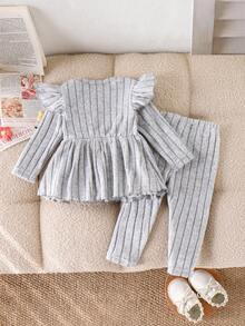 2 件套女婴休闲花卉 3D 盖袖上衣和打底裤套装，春秋 - 淺灰色 - 查看 2