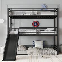 Twin XL Over Twin XL Over Twin XL Bunk Bed With Slide, Metal Triple Bunk Bed With Safety Guardrails, Heavy-Duty Bunk Bed With Noise-Reduced Design, Black - 1 - Xem 2