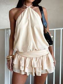 Summer Halter Dress For Women Sleeveless Ruffle Open Back Tiered Layered Chiffon Pleated A Line Swing Mini Dress - White - View 3