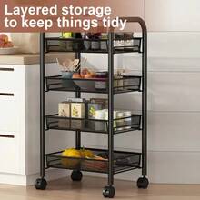 Senmeo Fruit Vegetable Basket Storage Cart 5 Tier Snack Cart Stackable Metal Mesh Vegetable Organizer With 360 Degree Wheels And Four Hooks 41 Inch High For Kitchen Pantry Bathroom Storage Black