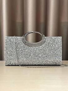 晚会焦点：银色亮片晚宴包，搭配金属环手柄，闪耀优雅，为您的派对造型增添光彩 - 銀色 - 查看 7