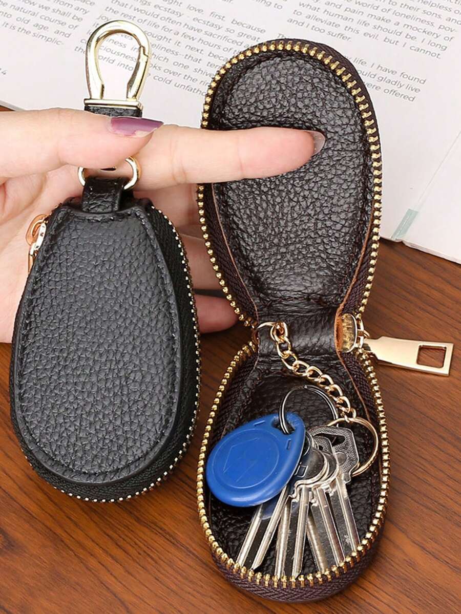 1 件家用和汽车钥匙扣，带拉链、PU 皮革纹理、金属拉链、钥匙扣和零钱包