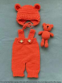 Newborn Photography Outfit, Handmade Knitted Suspenders Romper Set And Bear Ear Hat Teddy Bear Doll Decorative Costume - Multicolor - View 15