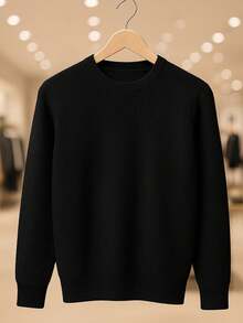 Men's Knitted Sweater, Round Neck, Long Sleeve, Basic Casual Knit Top - 黑色 - 查看 2