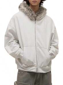 Y2k Zip Up Hoodie Fur Hooded Jacket Warm Winter Coat For Men Fur Collar Hoodies Streetwear Unisex Streetwear-20256688 - 白色 - 查看 1
