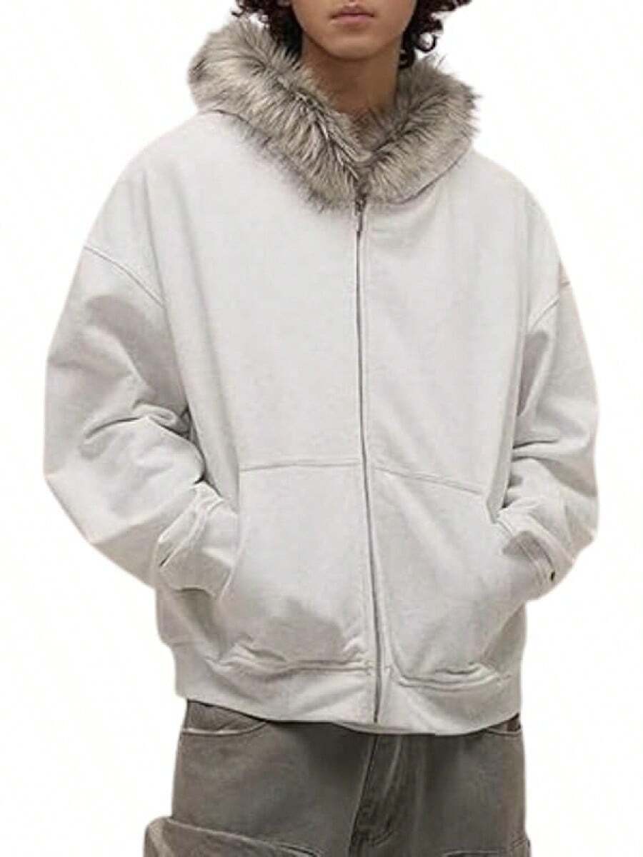 Y2k Zip Up Hoodie Fur Hooded Jacket Warm Winter Coat For Men Fur Collar Hoodies Streetwear Unisex Streetwear-20256688 - 白色 - 查看 1