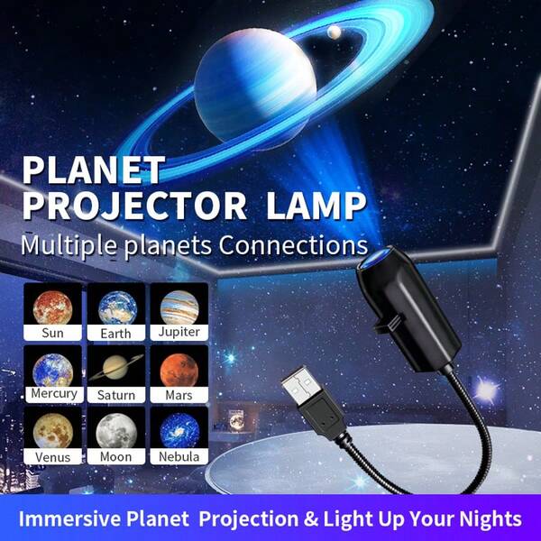 1pc USB Portable Projection Lamp, Moon & Space Projection Light, Halloween Home Decor Projection Lamp, Christmas House Decoration Atmosphere Light, Festival Party Projection Lamp, Car Interior Atmosphere Light, Adjustable Lamp Head, Bedroom Decor Projection Night Light, Multiple Slide Scenes, No Battery Required, USB Interface, Simple & Convenient, Low Voltage, Safer To Use