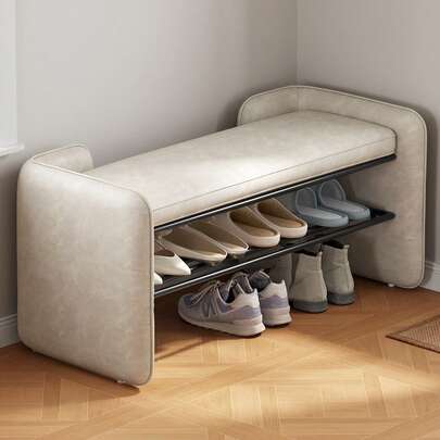 47.24" Entryway Shoe Rack With Cushion Padded Seat, 2-Tier Shoe Bench For Entry, Stable Shoes Organizer For Entry, Hallway, Living Room, Bedroom, Clos