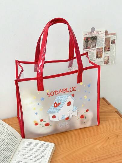 Bolsa de PVC fosca com estampa de casa e cachorro de desenho animado, muito atraente, portátil, grande capacidade, minimalista, adequada para viagens de praia no verão, bolsa de praia à prova d'água, clássica para compras, para atividades ao ar livre, uso diário, bolsa de ombro multifuncional para mulheres