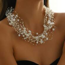 2pcs Set Of Fashionable French Elegant Faux Pearl Necklace And Bracelet, Suitable For Party, Gathering, Daily Matching, Women Jewelry Set Gift