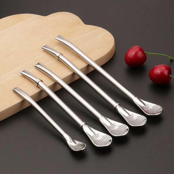 1-5 piezas Pajita/Cuchara de acero inoxidable con filtro, Cuchara mezcladora, Pajita creativa, Pajita desmontable para limpieza, Cuchara para café/jugo/té con leche, Utensilios para bebidas, Accesorios de picnic y cocina