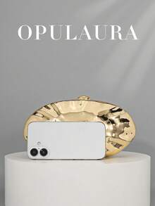 OpulAura New Fashion Asymmetrical Metal Box Clutch Bag, European & American Style Retro Mini Box Clutch Purse, Formal Party Handbag, Cocktail Wallet, Ball Gown Bag, Gold Wedding Bride Shoulder Crossbody Chain Bag , Gold Bag - Gold - View 6