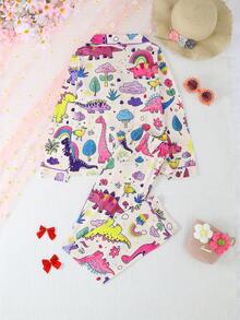 2 件套女孩和青少年休闲恐龙派对图案印花翻领长袖开衫和裤子睡衣套装，阻燃，适合所有季节