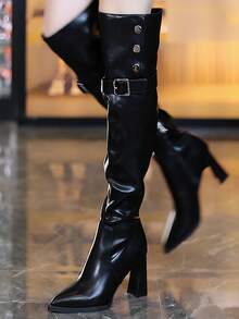 2-Way Design Thermal Lined Pointed Toe Chunky Heel Over-The-Knee Riding Boots For Women, Autumn/Winter - Black - View 2