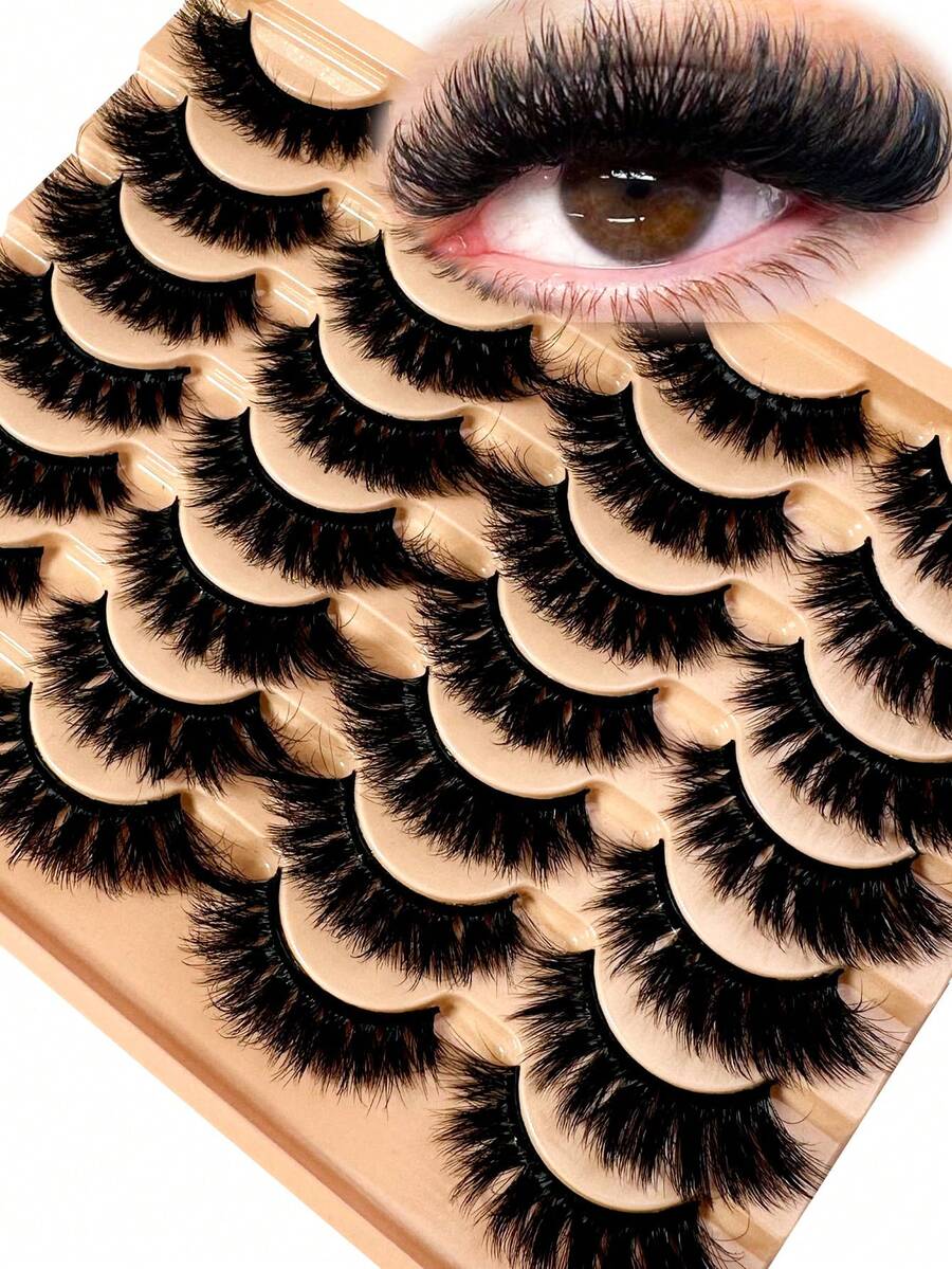 14对俄罗斯条纹睫毛水貂蓬松3D水貂睫毛化妆凌乱假睫毛蓬松浓密睫毛 - 黑色 - 查看 1