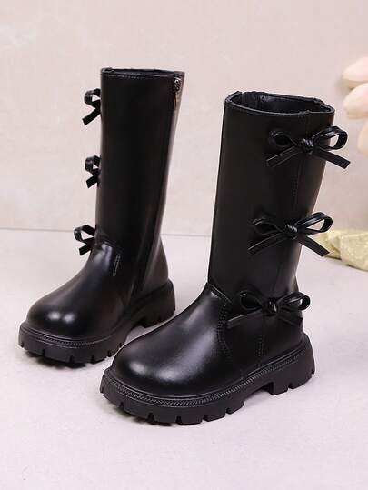 1 Paar schwarze, weiche und bequeme PU-Leder Kniehohe Stiefel für Kleinkind/Mädchen mit Schleife, Reißverschluss, runder Zehenpartie, warmer Fütterung, modische klassische Hochstiefel geeignet für Mädchen von 3-15 Jahren für Alltag, Urlaub, Schule, Herbst/Winter