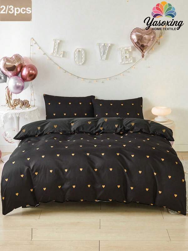 2/3Pcs/Set Black Gold Heart Shaped Love Pattern Print Duvet Cover Set Without Filler Breathable Supersoft All-Season (1pc*Duvet Cover + 1/2pcs*Pillowcase, No Pillow Core), Soft Two Tone Design Bedding Set For Ideal For Bedroom, Guest Room, Dormitory, 1pc Duvet Cover With 1/2pcs Pillowcase (Without Filler)Machine Washable King Queen Full Twin Size