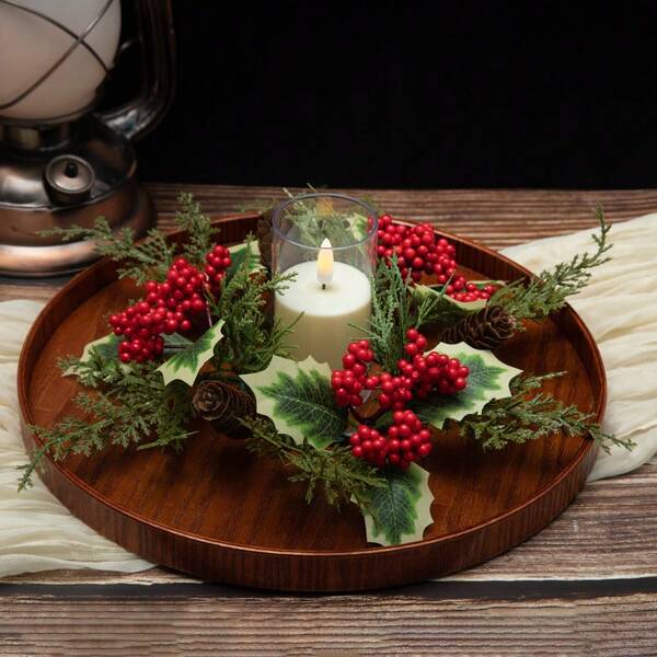 1pc Christmas Desktop Artificial Pine Wreath Decoration, Fake Berries Pine Cones Candle Wreath For Holiday Party Dining Home Decor Christmas Decorations Room Decor