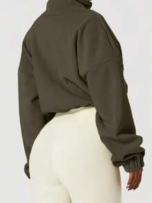 Women's Fleece Zip-Up Drawstring Waist Casual Sweatshirt, Elegant And Comfortable - Green - View 3