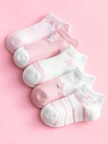 5 Pairs/10 Pairs Girls Ankle Socks, Pink Cat, Rabbit & Stripe Mesh Breathable Short Socks For Spring/Summer, Suitable For Students Back To School And Daily Wear - Multicolor - View 5