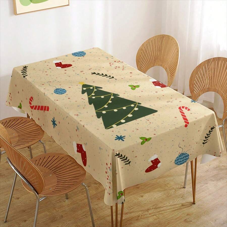 Față de masă din poliester ușor, cu model de pom de Crăciun, dreptunghiulară/pătrată, impermeabilă, anti-ride, pentru decorarea interiorului și exteriorului, dormitorului, băii, bucătăriei și sufrageriei, pentru cadouri de Crăciun, petrecere de ziua de naștere, decor de picnic de sărbători, toamna și iarna