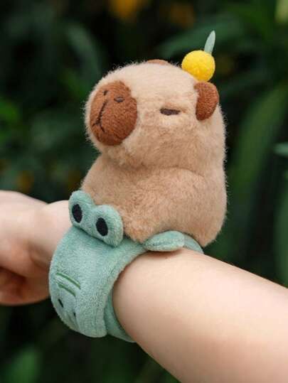 Plush Animal Hug Clapping Bracelet Toy - Soft Light Brown Stuffed Dog With Orange Ears & Green Leaf Wristband, Cuddly Home Decor Throw Pillow For Couch, Birthday Gifts For Girls & Women