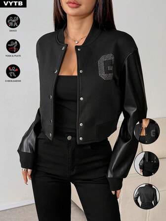 1 件拉链水钻拼布夹克，新款休闲运动外套