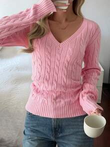 Sunny Girly Christmas Fall Women Clothes Y2K Back To School Casual And Versatile Solid Color V-Neck Long-Sleeved Sweater