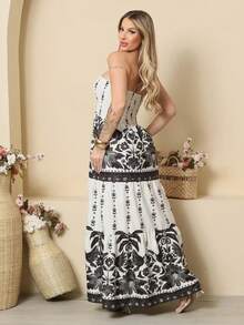 Look Of Millions!!! Long Strapless Dress With Floral Print - Black and White - View 5