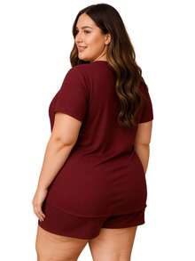 Plus Size Ribbed Suede Pajamas, Blouse And Shorts, Juliana 50 52 54 56 - Burgundy - View 2