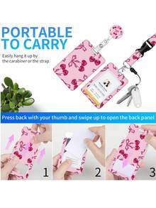 Cherry Bow Pattern Design Retractable Badge Holder, Id Name Tag Worker Badge Carabiner Pink Retractable Badge Reel With Detachable Lanyard - Inspirational Quote Id And Keychain, Vertical Card Protector For Home Office Doctors Nurses Teachers Women Students And Professionals - Multicolor - View 2