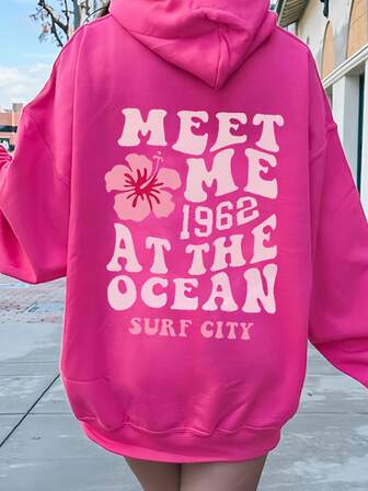 Sudadera con capucha de talla grande para mujer con estampado "Encuéntrame junto al mar", perfecta para el otoño y la temporada de regreso a la escuela.
