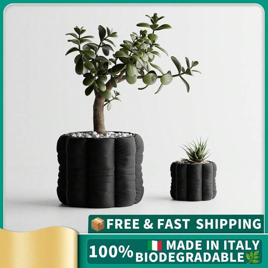 ORIZZONTE Dekorativer, runder Kissenübertopf mit Struktur und Band – Gepolsterte Daunenstruktur – Kreatives Design für Pflanzen, Kakteen, Bonsai – Geschenkidee für Zuhause/Büro – Erhältlich in 2 Größen – 100 % Made in Italy, Versand aus Italien