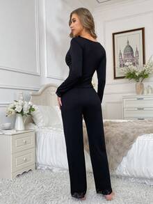 Bộ đồ ngủ 2 món bằng vải rayon màu trơn phối ren chắp vá tay dài và quần dài phối ren chắp vá dành cho nữ, Xuân/Thu, Thích hợp mặc dự tiệc, mặc ở nhà & đi chơi, quần áo thu đông - màu đen - Xem 6