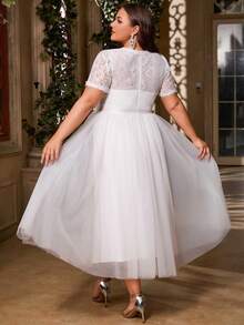 Women's Plus Size Elegant Solid Color Patchwork Lace Mesh Zipper Closure Tea Length Semi-Formal Party Dress For Wedding Guest, Bridesmaid, Maid Of Honor, Cocktail, Wedding, Graduation Party, Spring/Summer/Fall