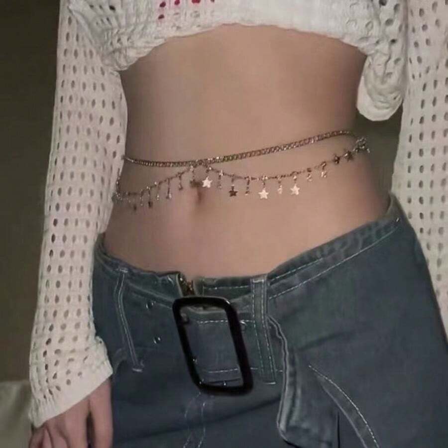 1 Exquisite Pentagram Sequin, Tassel Belt Chain Jewelry, Women's Beach Party Body Chain, Suitable For Beach Parties, Sexy Style, Shiny Style - 金色 - 查看 1