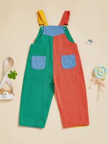 Toddler Baby Girl Boy Summer Overalls Romper Sleeveless Color Block Striped Jumpsuit Shorts Adjustble Shoulder Strap Suspender Shortalls - 綠黃藍 - 查看 2