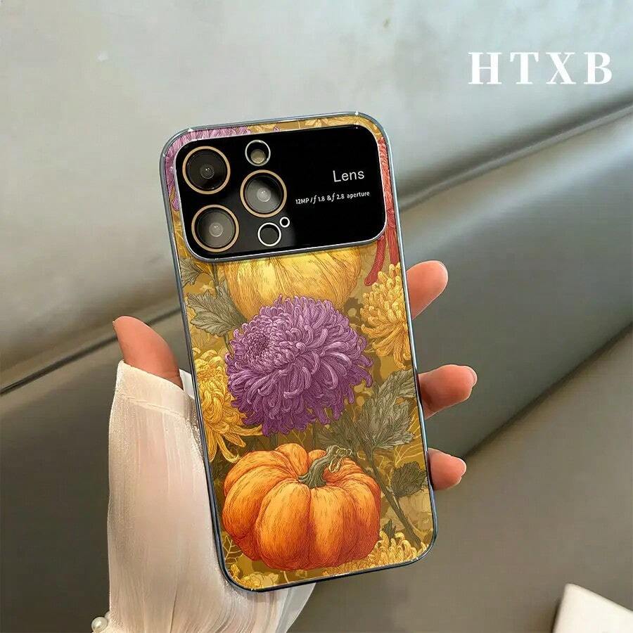 Teléfono con diseño de calabazas y flores electrochapado | Pantalla AG Frosted Large View Window 2 en 1 para phone 17, 17 Pro, 17 Pro, 16 Pro, 16 Pro, 16 Plus, 16, 15 Pro, 15 Pro, 15 Plus, 15, 14 Pro, 14 Pro, 14 Plus, 14, 13 Pro, 13 Pro, 13, 12 Pro, 12 Pro y 12 Series - Plateado - Ver 1