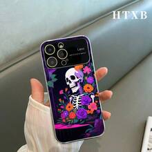 Teléfono con estampado de calavera y flores moradas electrochapado | AG Frosted Large View Window 2 en 1 17 17 Pro 17 Pro 16 Pro 16 Pro 16 Plus 16 15 Pro 15 Pro 15 Plus 15 14 Pro 14 Pro 14 Plus 14 13 Pro 13 Pro 13 12 Pro 12 Pro 12 Series, Funda para teléfono, funda para dispositivo, diseño floral, funda premium y duradera, funda protectora, entusiastas de la tecnología, seguidores - Negro - Ver 3