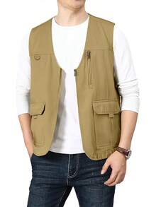Men's Casual Outdoor Cotton Vest Lightweight Breathable Multi-Pocket Fishing Travel Vests OutwearChristmas IQWV - 04-卡其色 - 查看 4