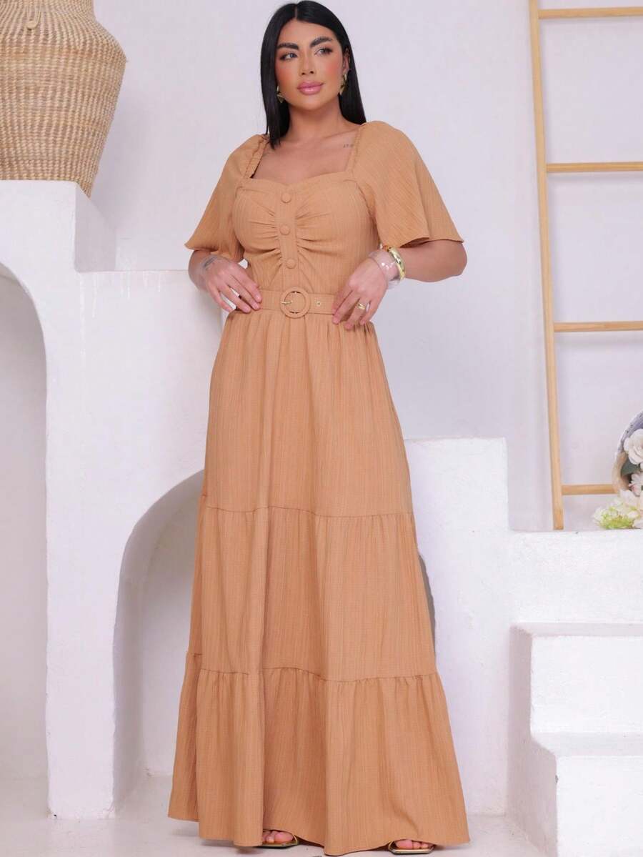 Women's Long Dress In Um Duna Fabric With A More Elaborate Design And A Belted Cup - 咖啡 - 查看 1