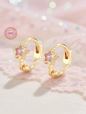 Artepollo 1 Stück 925 Sterling Silber Hypoallergene Traum Stern Creolen, mit rosa Zirkonia besetzt, strahlend, Geschenkbox Verpackung, elegant und exquisit, geeignet für den täglichen oder Feiertagsgebrauch, Geschenk für Mädchen, Freunde, Schulanfang