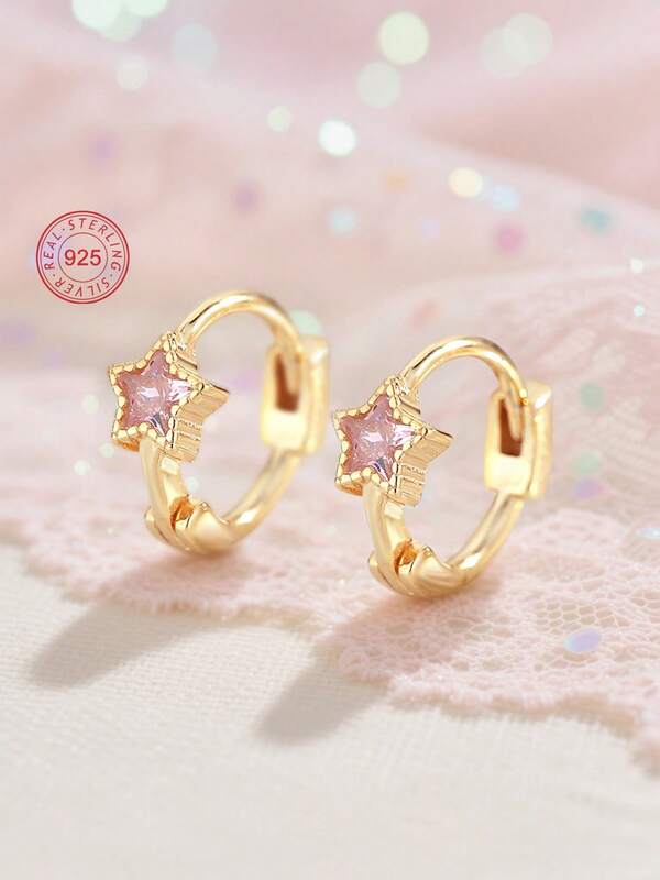 Artepollo Brincos de argola hipoalergênicos em formato de estrela, 1 peça, em prata esterlina 925, incrustados com zircônia rosa, deslumbrantes, embalagem para presente, elegantes e requintados, adequados para uso diário ou festivo, presente para meninas, amigas, volta às aulas