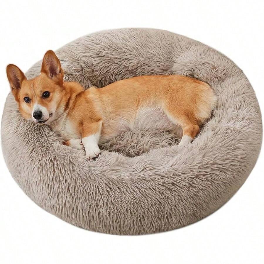 WESTERN HOME Dog & Bed, Anti-Anxiety Donut Cuddler Warming Cozy Soft Round Bed, Fluffy Faux Fur Plush Cushion Bed Small Medium Dogs And Cats (20/24/27/30) - 棕色 - 查看 1