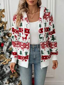Plus Size Women Christmas Print Hooded Zip-Up Casual Jacket - Multicolor - View 1