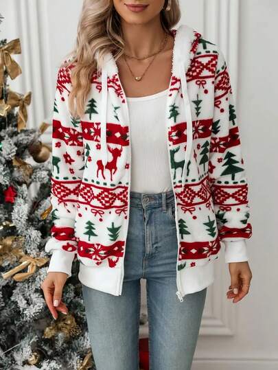 Plus Women's Christmas Printed Hooded Zipper Casual Jacket