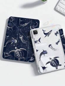 这款精美可爱的蓝鲸、海龟和水母图案双面彩色涂层亚克力透明水晶Y型折叠背板具有防震功能，兼容第七代和第八代（10.2英寸）iPad。它配备第十代保护壳、内置笔槽，并支持睡眠和唤醒功能。是节日和新年的完美礼物。 - 彩色 - 查看 2